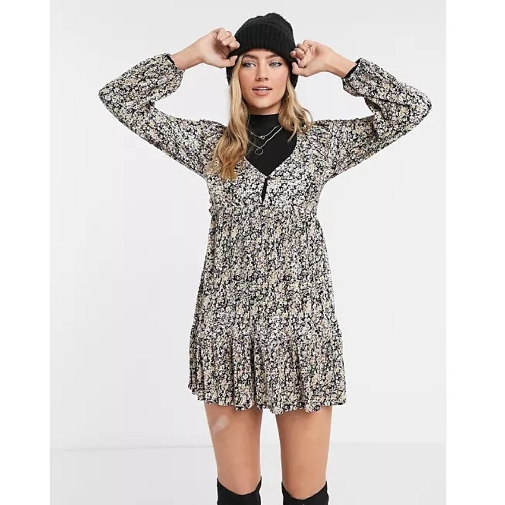 Pull & Bear Floral Mini Long Sleeve Dress